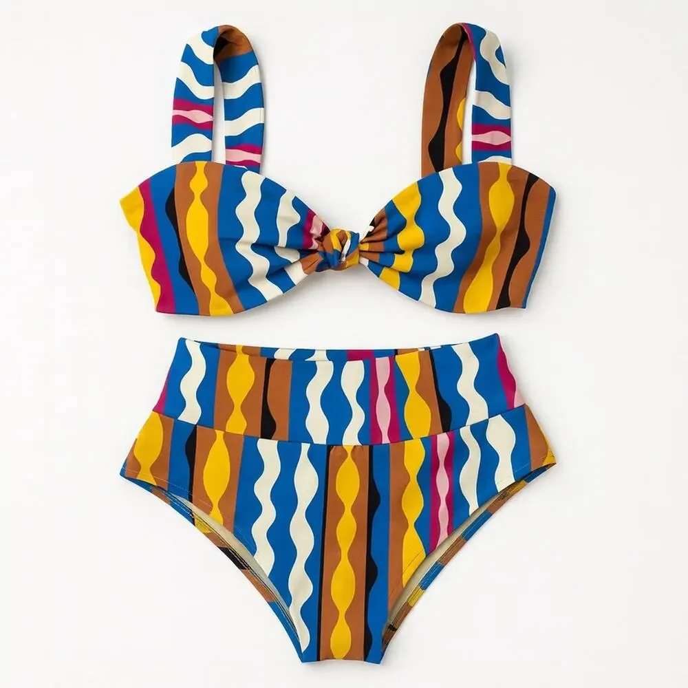 Montce Abstract Bikini Set High Waist Retro Print Top Large Bottom XL Swimwear